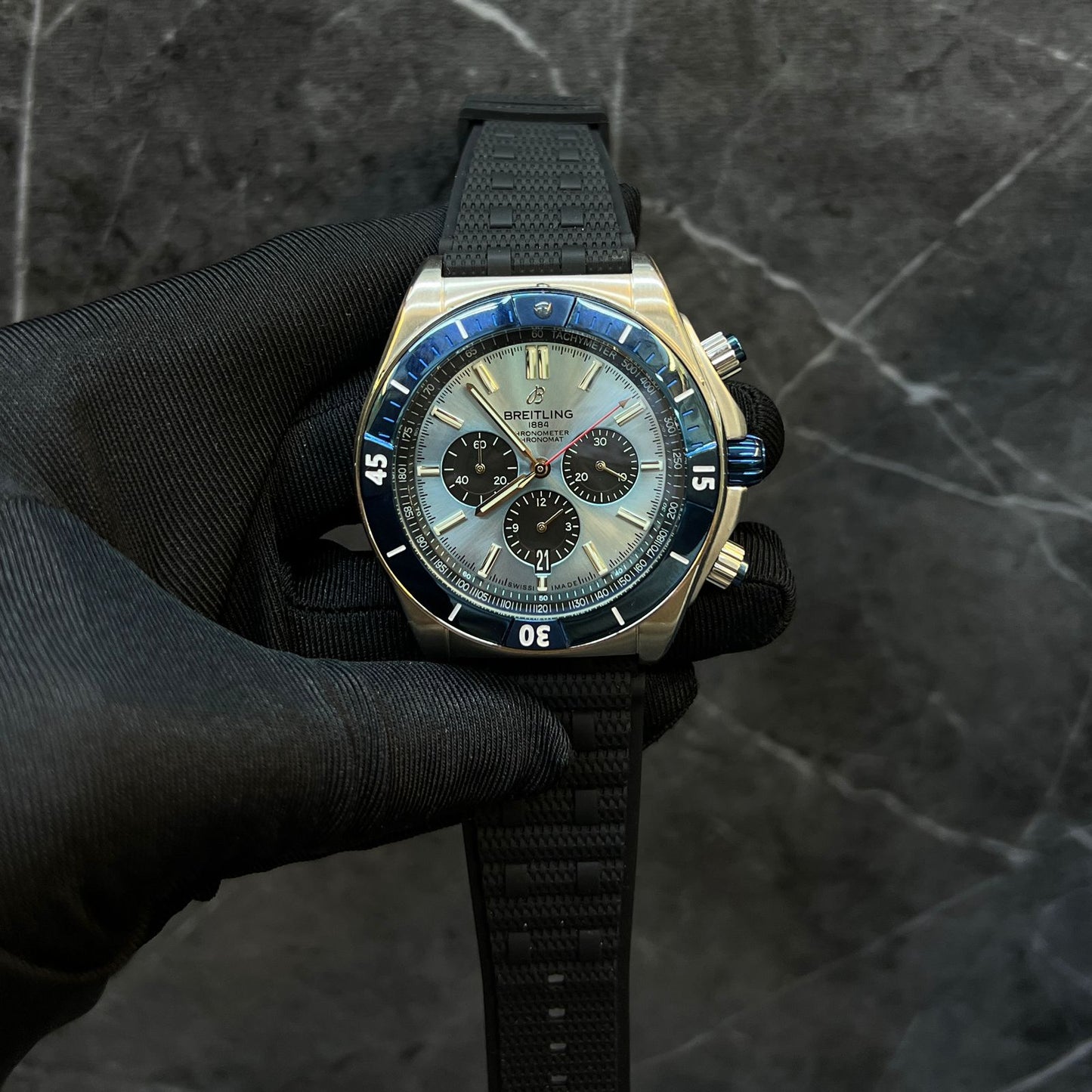 Breitling Chronomat B01 42 (Black Strap, Light Blue Dial)