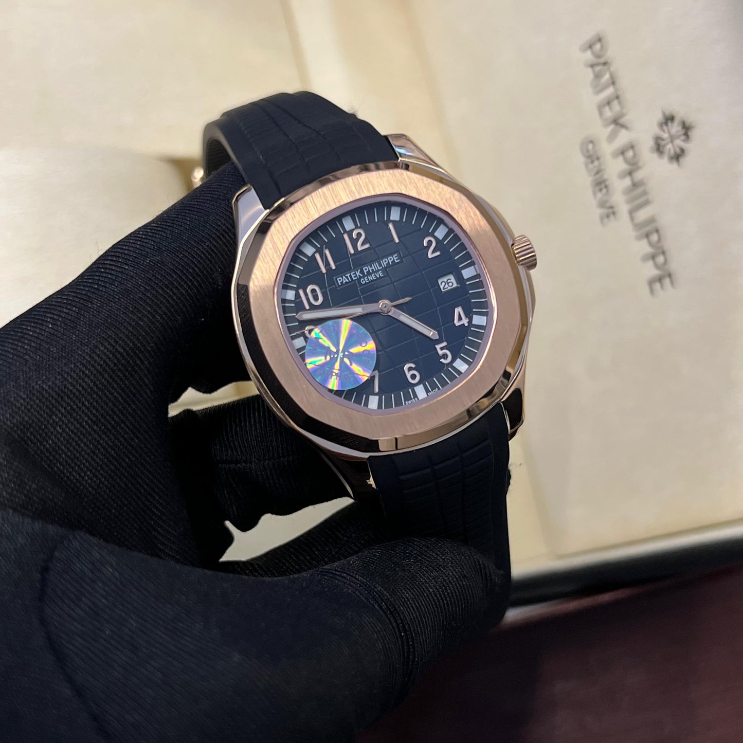 Patek Philippe Nautilus Black Dial Strap Watch