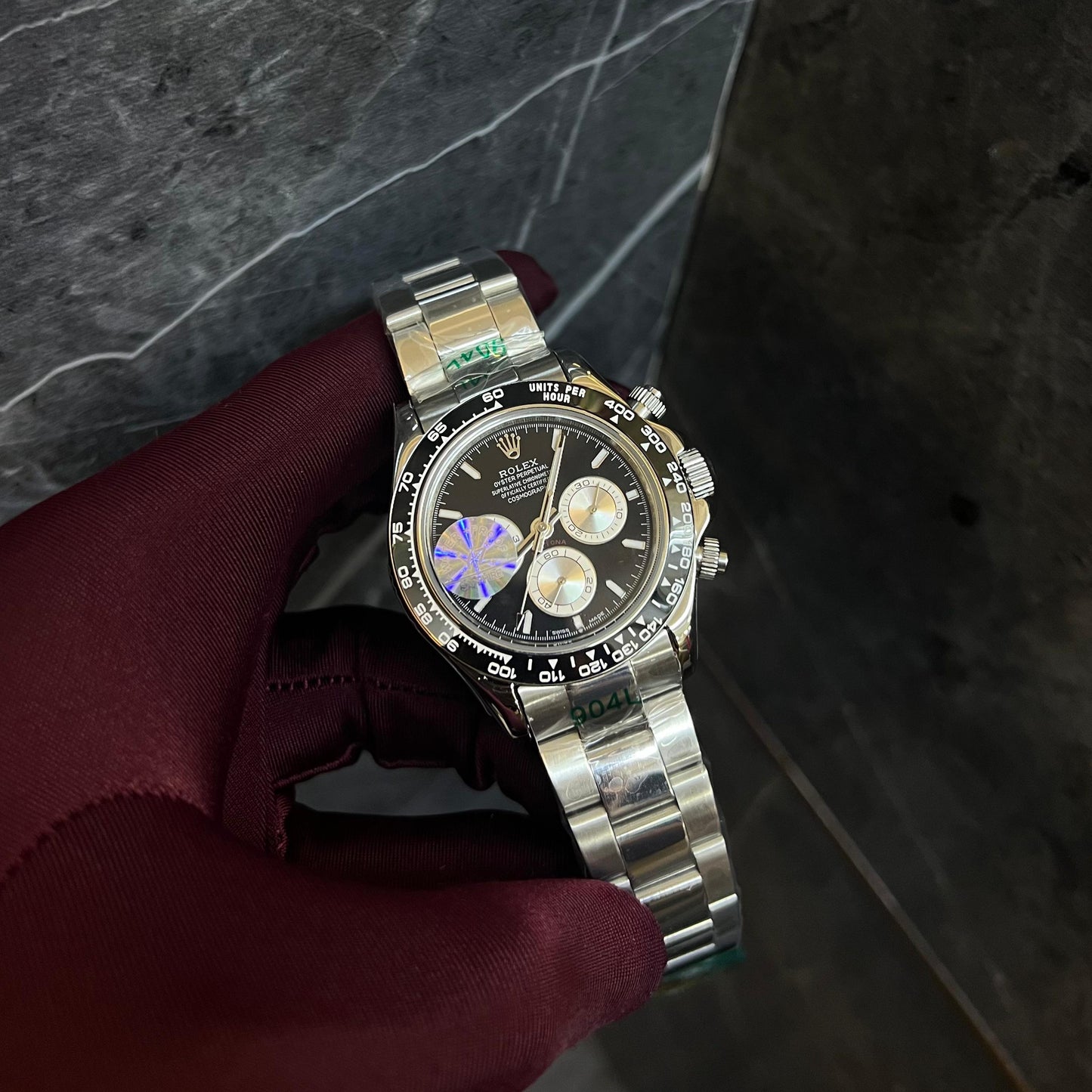 Rolex Daytona Silver Chain Black White Dial Chronograph