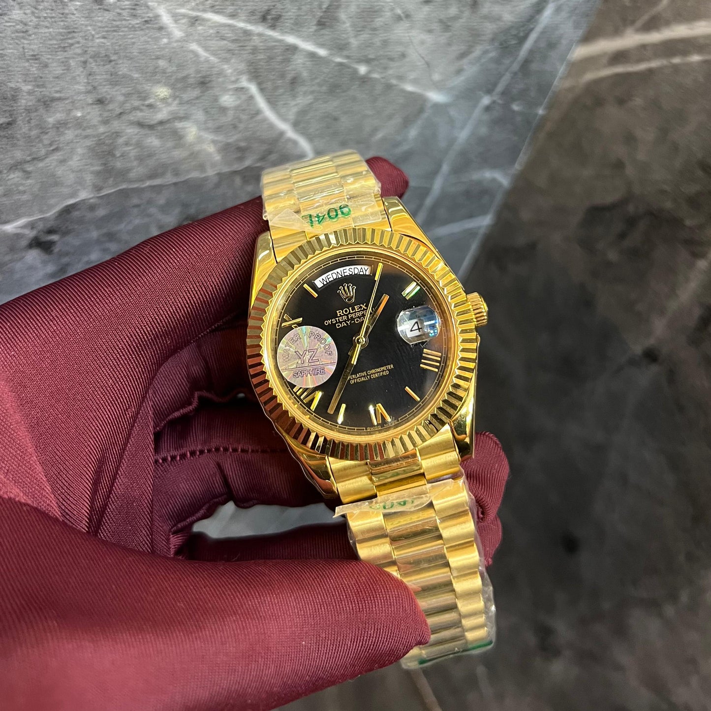 Rolex Day-Date Gold Chain Black Dial Roman Numerals