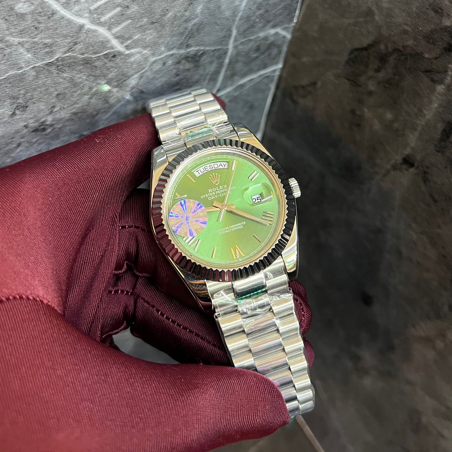 Rolex Day-Date Silver Chain Green Dial Roman Numerals