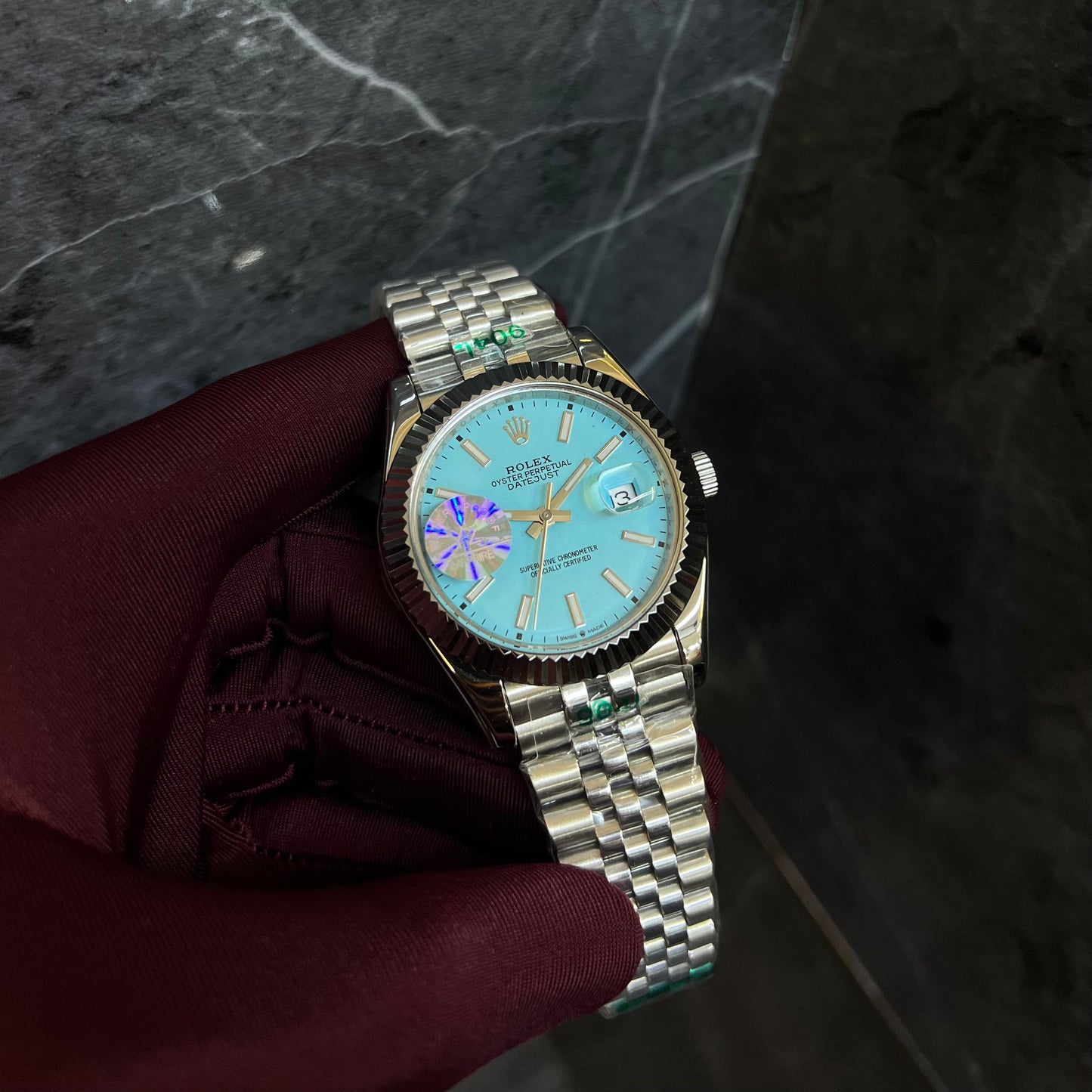 Rolex Just Date Silver Chain turquoise blue Dial