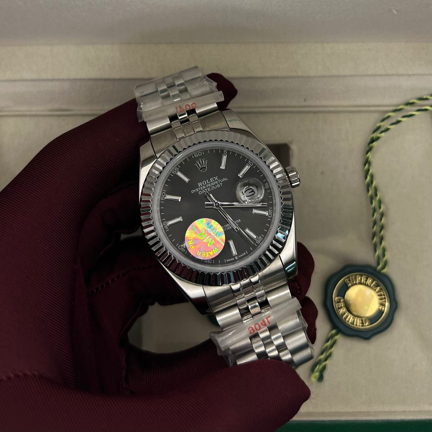 Rolex Just Date Silver Chain Black Dial