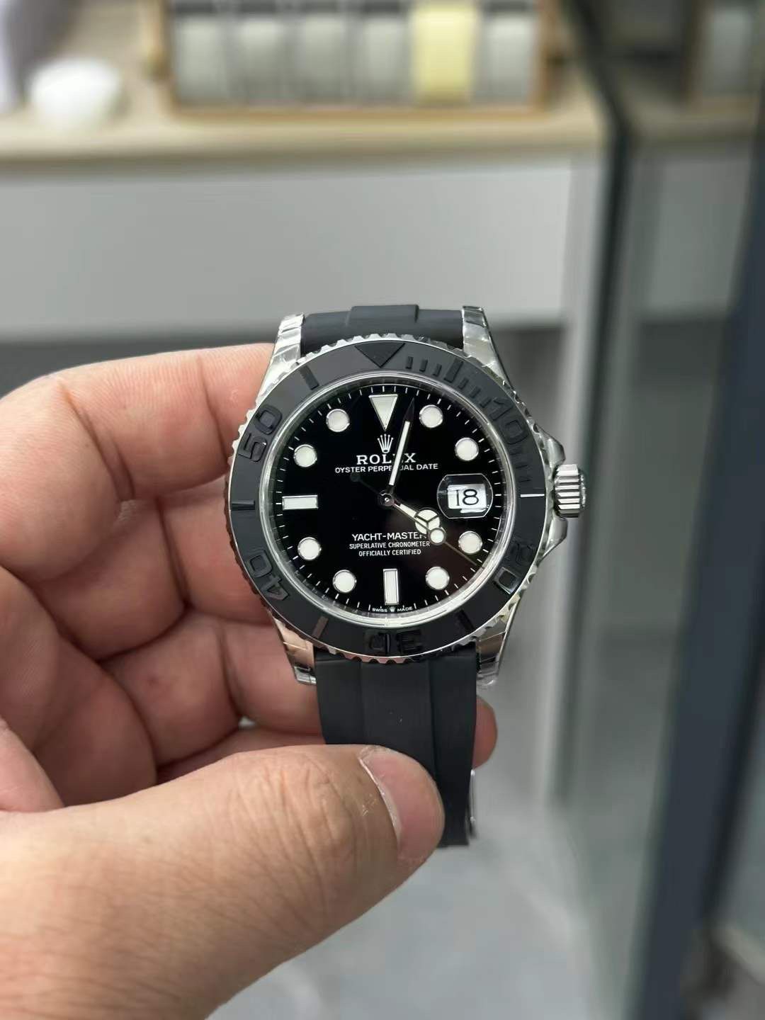 Rolex Silver Black Dial Strap Watch