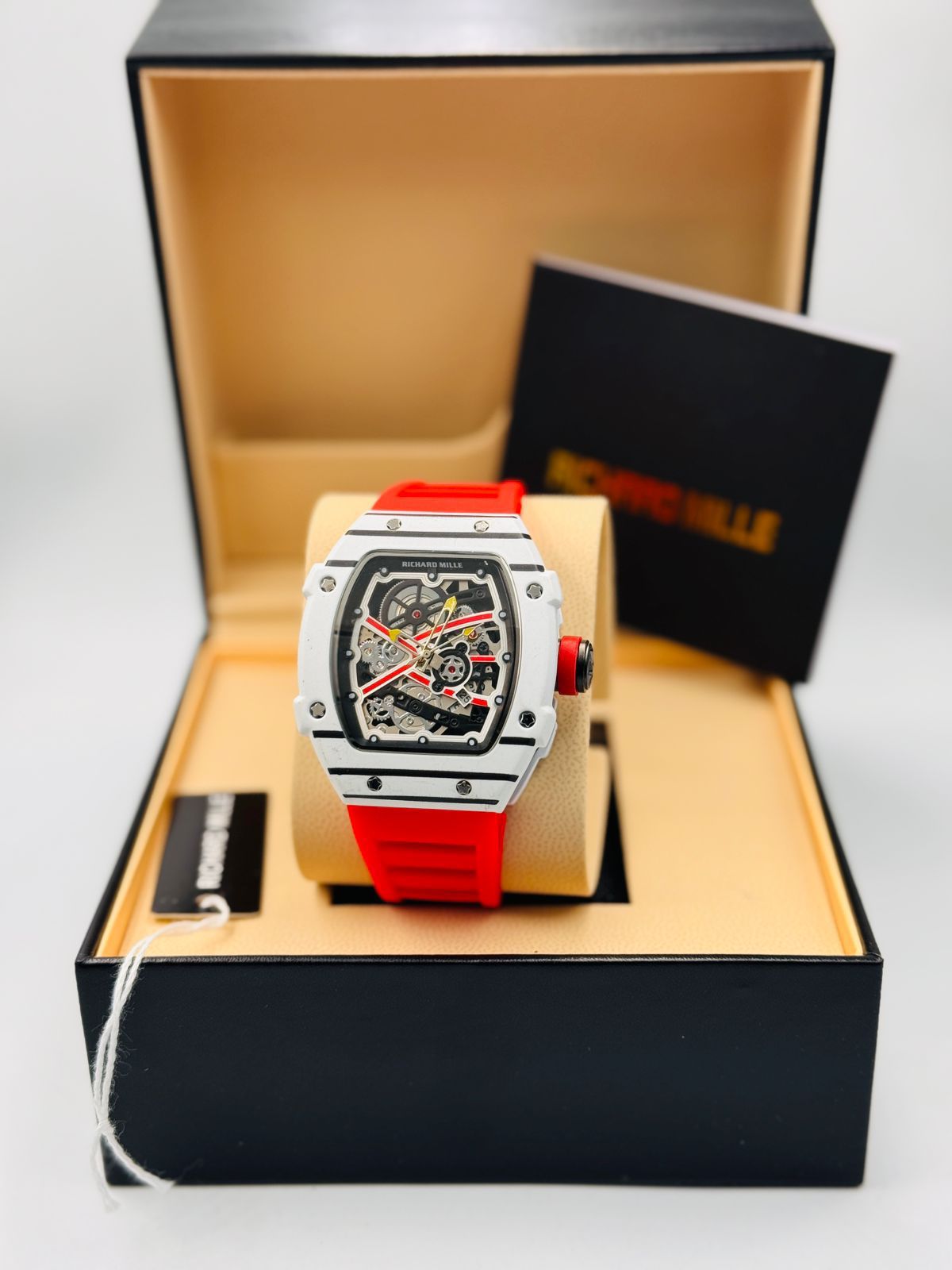 Richard Mille White Dial Red Strap Watch