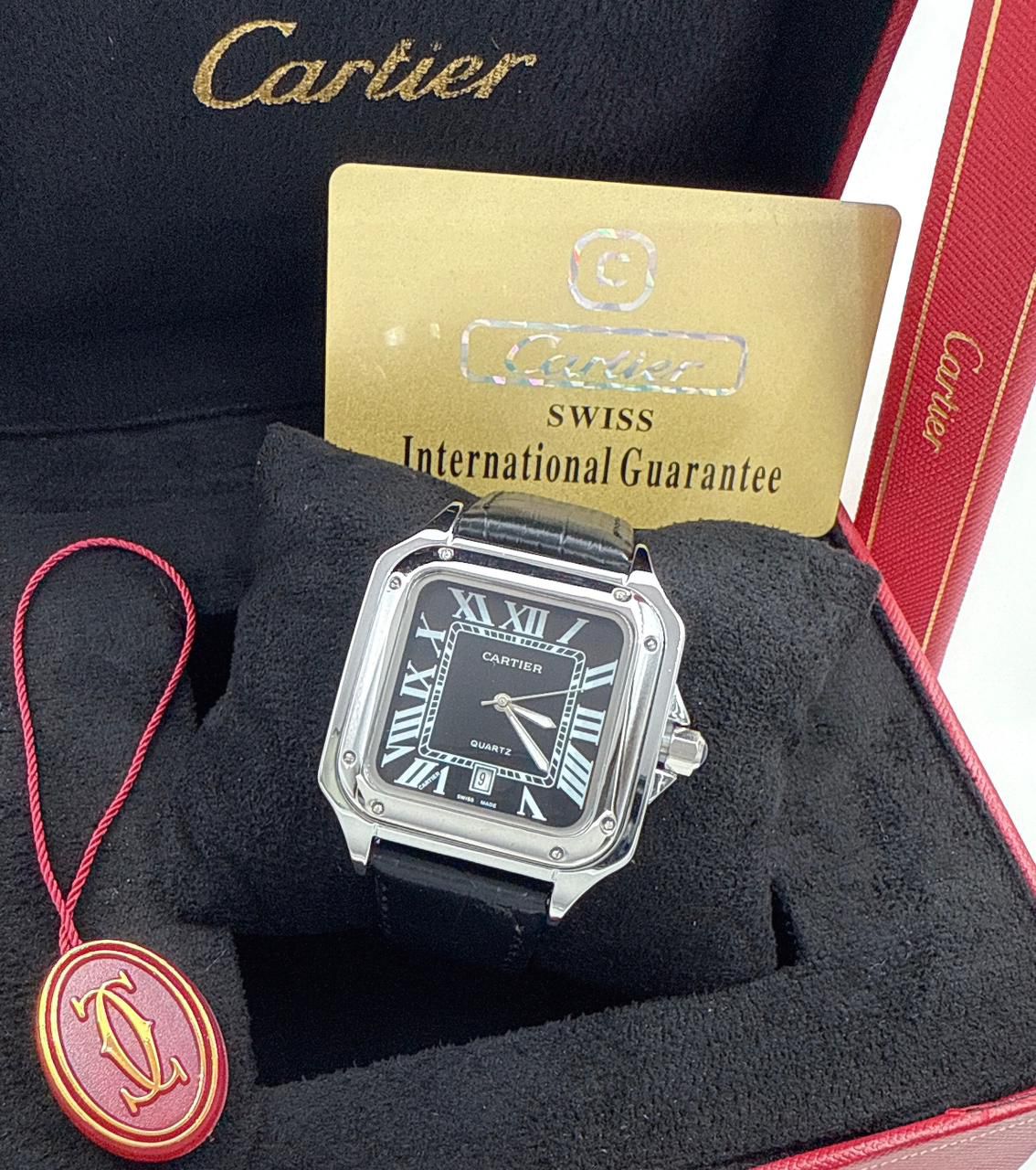 Cartier Black Arabic Dial Black Leather Strap Watch