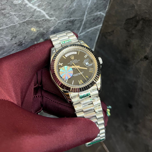 Rolex Day-Date Silver Chain Light Black  Dial  Roman Numerals