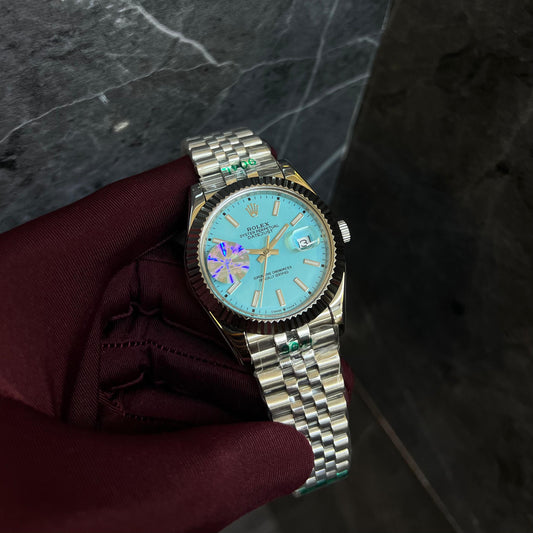 Rolex Just Date Silver Chain turquoise blue Dial