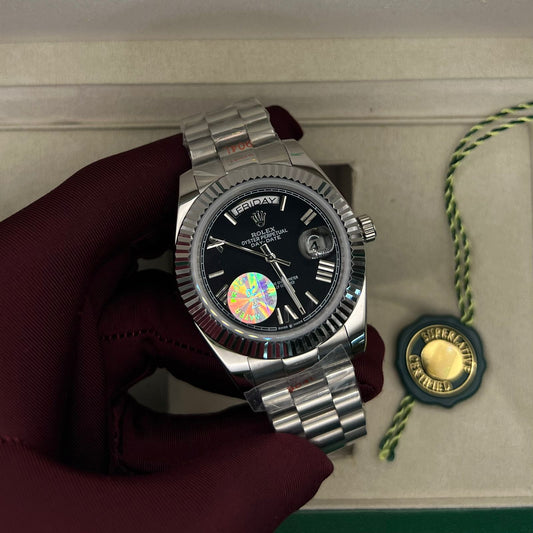 Rolex Day-Date Silver Chain  Black  Dial  Roman Numerals