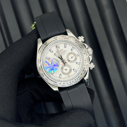 Rolex Daytona Black Strap White Dial Chronograph