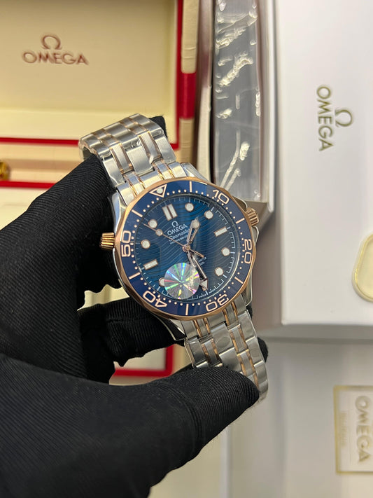 Silver Omega Seamaster with Blue Dial