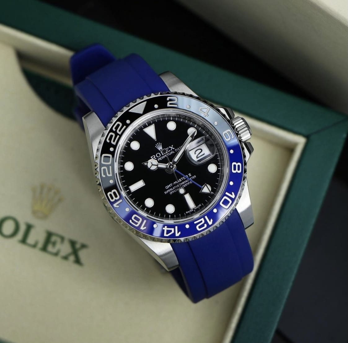 Rolex Black Blue Dial Strap Watch