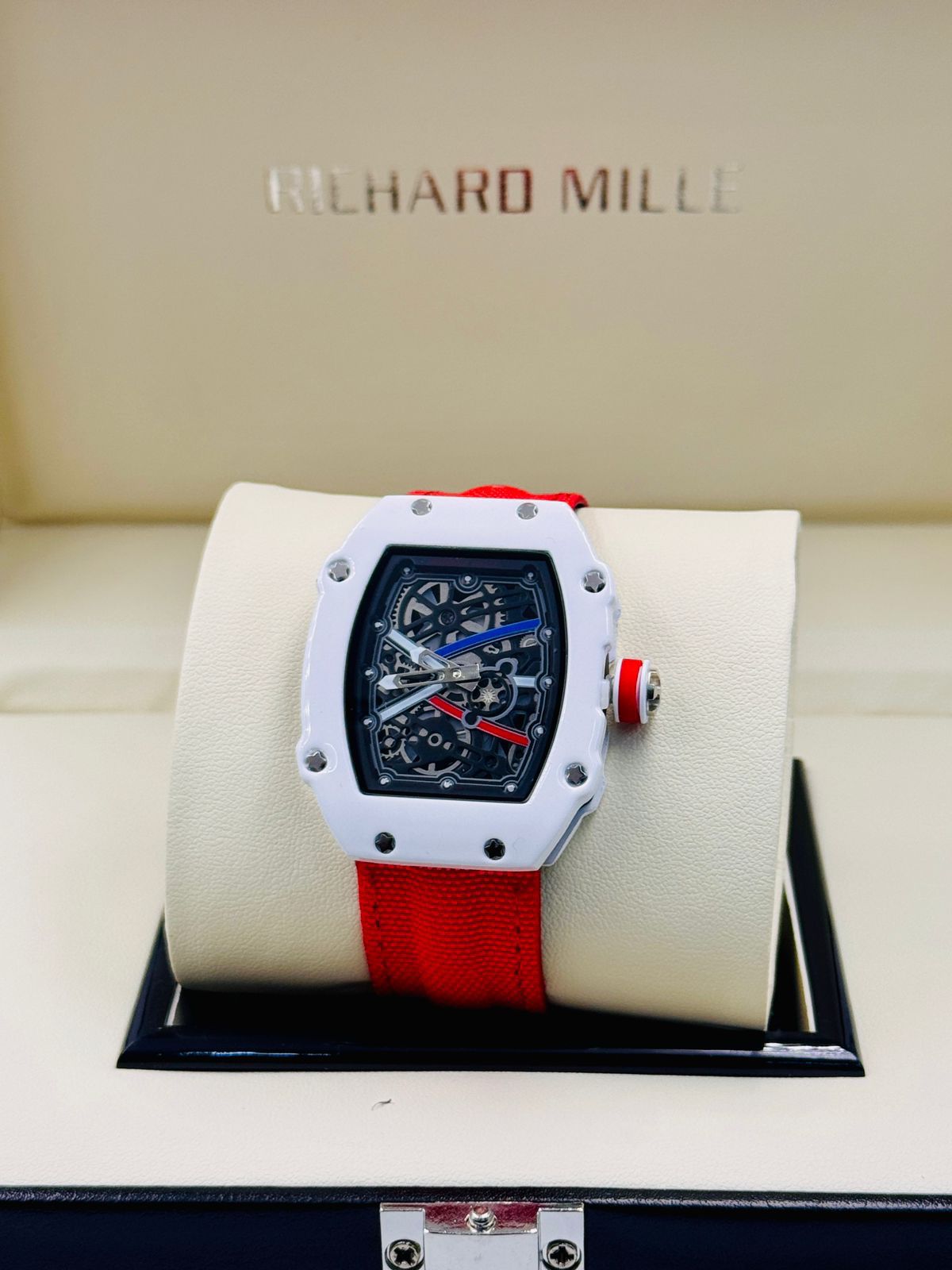 RM White Dial Red Strap