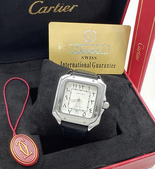 Cartier  White Dial Black Leather Strap Watch