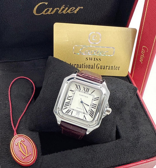 Cartier  White Arabic Dial Leather Strap Watch